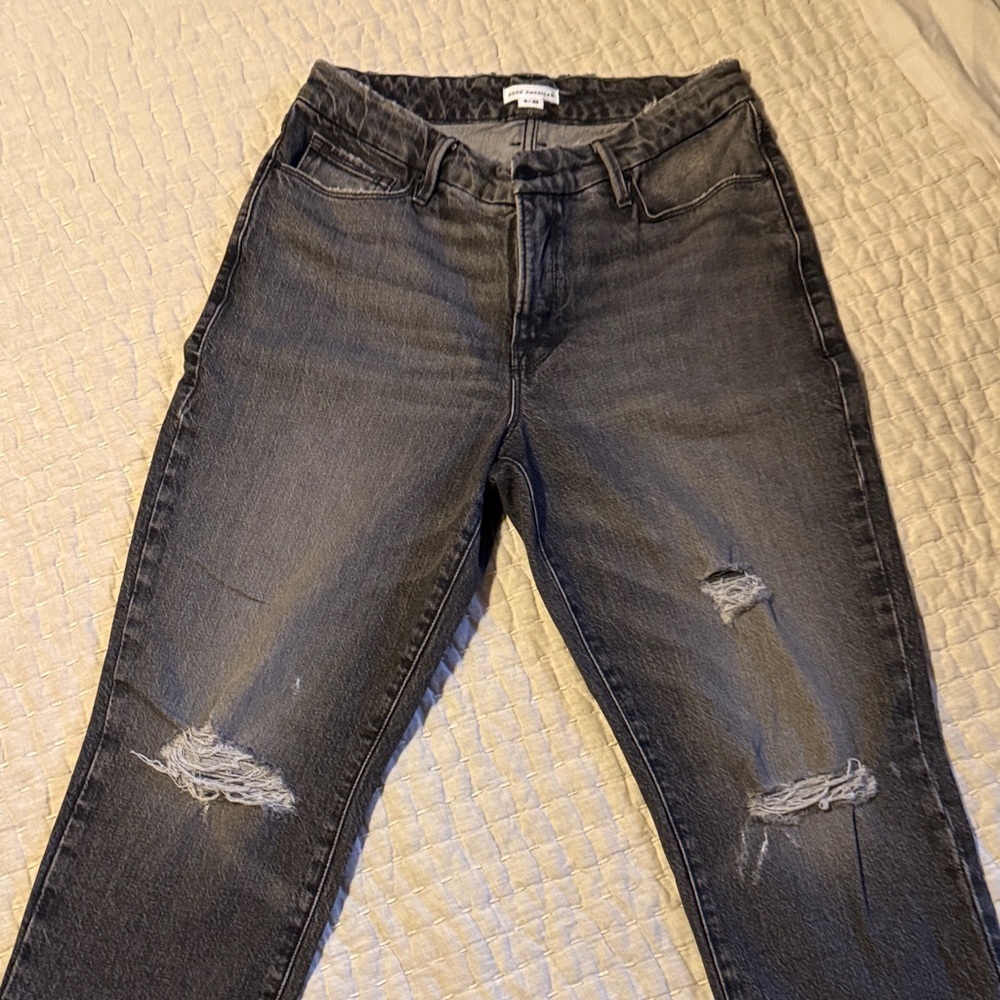 Good American Distressed Charcoal Straight Leg Jeans